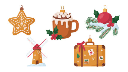 Festive Ornaments of Holiday Delights: A collection of delightful ornaments, including a star-shaped gingerbread cookie, a cozy mug of hot cocoa, a decorative sprig, a charming windmill.