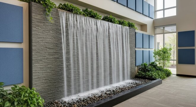 A modern, minimalist indoor waterfall feature with a stone wall and greenery in an office lobby.