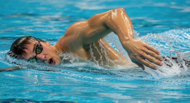 A swimmer in a pool, wearing goggles, swimming with their arms outstretched.