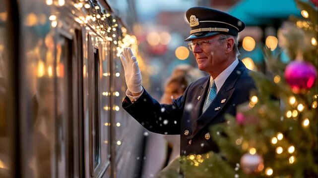 Festive Christmas Train Conductor Waving Amidst Holiday Lights and Falling Snow