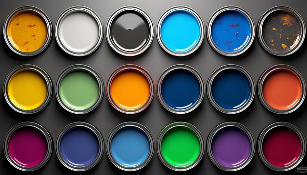 Open different colors paint cans on grey background, top view, AI - Powered by Adobe