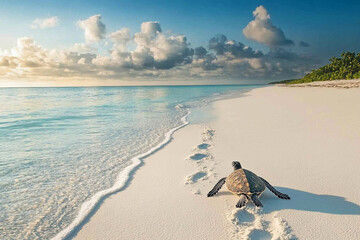 Sea turtle tracks leading back to the ocean