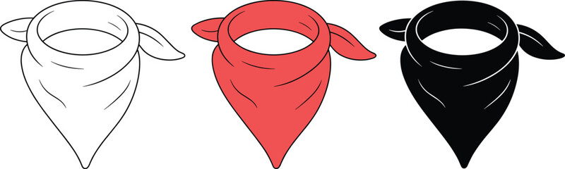 Bandana scarf illustration set, red black white fabric accessory drawing, fashion sketch vector, tied knot design, clothing textile graphic art