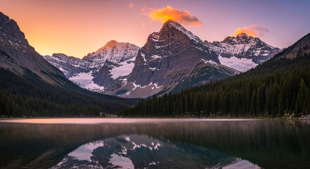 Majestic mountain range reflected in calm lake under colorful sunset sky