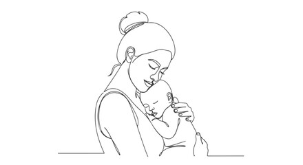 One line, single continuous drawing of mother tenderly holding her baby minimal illustration