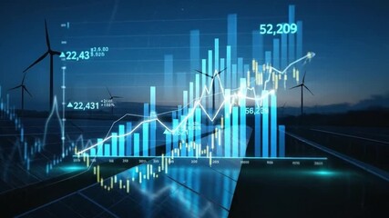 Sustainable Energy Market Growth: Digital Charts and Graphs Overlaying a Wind Farm, Illustrating Renewable Investment Trends and Future Business An... - Powered by Adobe
