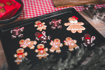Christmas gingerbread. Delicious gingerbread cookies ,Winter composition,Homemade festive pastry. Hand Decorated Gingerbread Man Cookies
