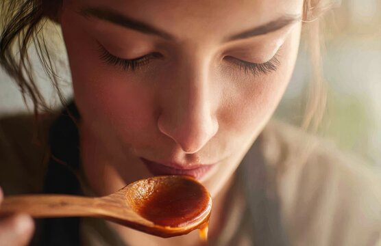 Woman tasting soup with wooden spoon close-up