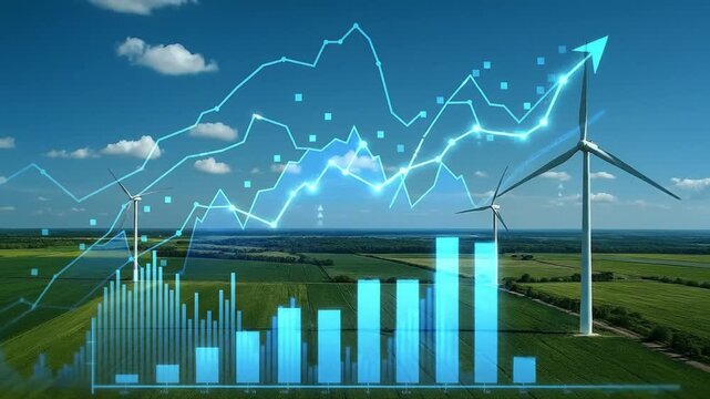 Renewable Energy Growth: Digital Financial Charts Over Wind Farm Landscape, Symbolizing Sustainable Investment and Environmental Progress - Powered by Adobe