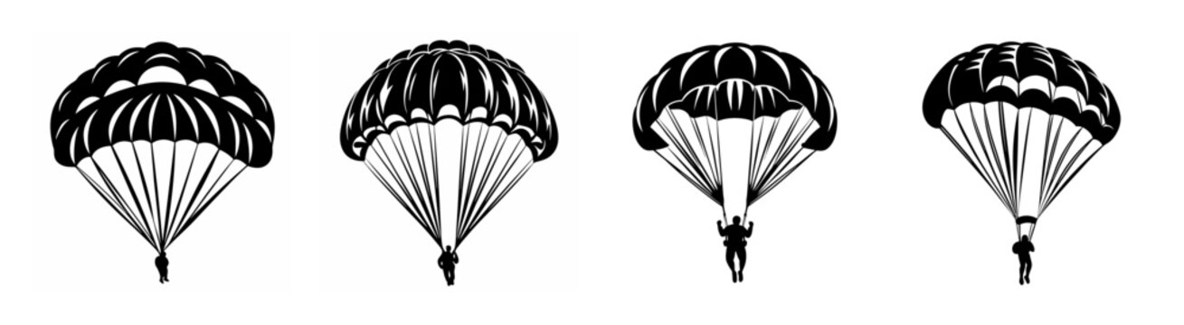 Four black and white sketch style parachutes deployed and falling against a white canvas