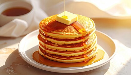 Golden brown stack of fluffy pancakes topped with melting butter and drizzled with amber maple syrup served on a white plate with a cup of tea in the background and warm sunlight casting soft shadows.