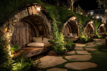 Enchanting Stone Archway Retreats at Night, Illuminated with Warm Lanterns.