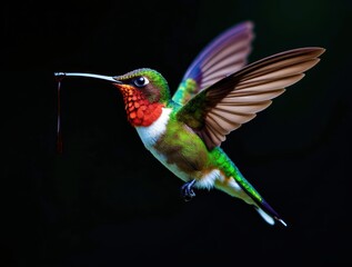 Fototapeta premium A hummingbird is flying in the air with a red and white body