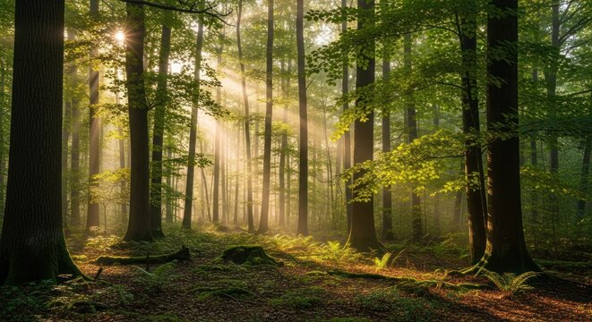 A serene forest scene with sunbeams filtering through the trees, creating a peaceful atmosphere.
