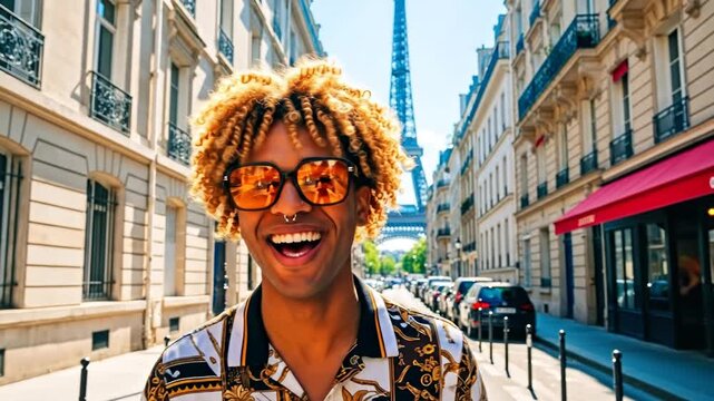 Radiant smile of a stylish young traveler enjoying a sunny vacation on a classic Parisian street with the Eiffel Tower in the background