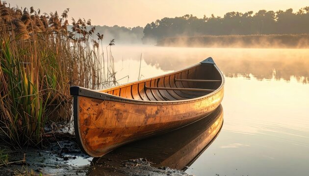 Wooden canoe rests peacefully on a misty lake at sunrise with reeds in the foreground and golden light illuminating the calm water