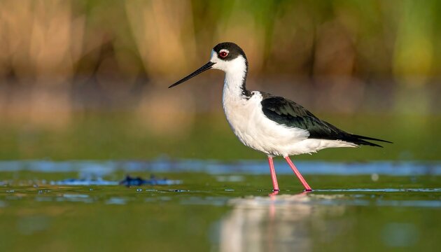 Elegant Black-Necked Stilt Foraging in Shallow Water. - Powered by Adobe
