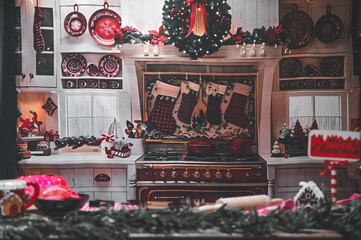Cozy kitchen interior decorated for Christmas. Warm holiday atmosphere with festive lights, garlands, and Christmas ornaments. Beautiful home background with a winter mood, perfect for seasonal and ho