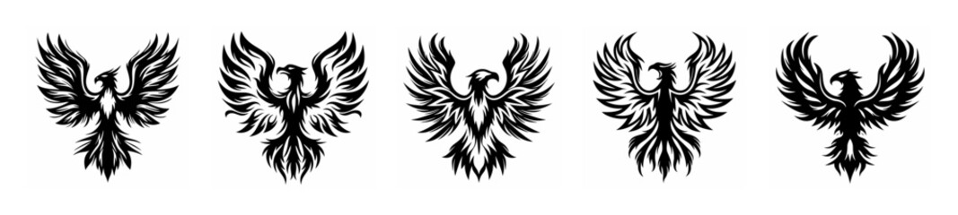 Obraz premium Five stylized black phoenix designs symbolizing rebirth immortality power and mystical legend