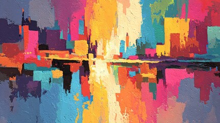 Vibrant abstract modern art painting colorful cityscape contemporary background oil on canvas artistic expression