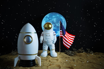 Sci-fi scene of astronaut with American flag beside spacecraft, full Moon shining above, concept of interplanetary exploration, innovation, and patriotic spirit. Astronaut and spacecraft under Moon.