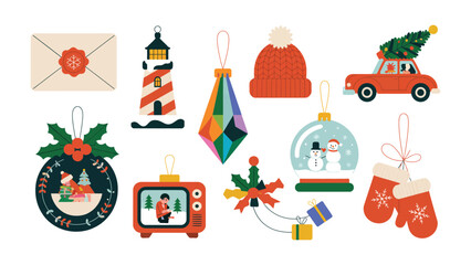 Christmas Ornaments: A charming collection of festive holiday ornaments, including a whimsical car with a tree, a vintage television, and a cozy winter hat, bringing the spirit of Christmas.