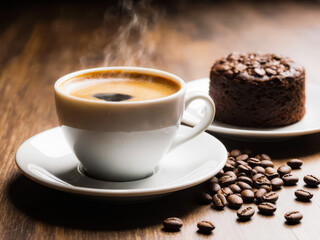 Obraz premium Steaming cup of black coffee beside chocolate dessert topped with coffee beans—captured on wooden surface with cozy composition and soft light evoking warmth and relaxation.