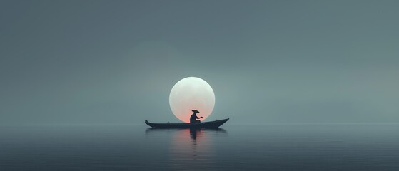 Minimalist scene of an Asian man in a boat alone on calm waters with a large moon above creating a misty atmosphere