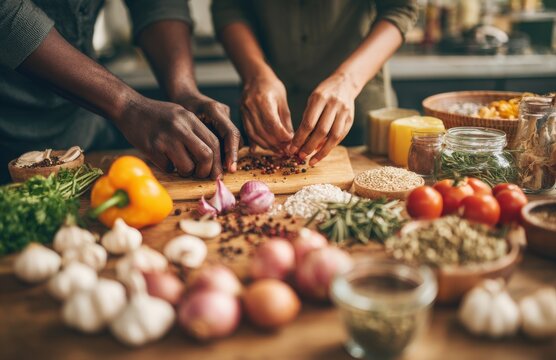 Diverse couple preparing fresh vegetables together - Powered by Adobe