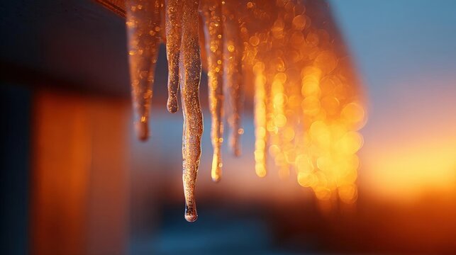 Close-up of a icicle hanging from a wooden surface. the icicle is long and slender, with multiple icicles hanging from it.