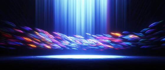 A background of light rays shining down on an empty stage with colorful fish swimming around in the dark space creating a dynamic effect