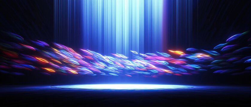 A background of light rays shining down on an empty stage with colorful fish swimming around in the dark space creating a dynamic effect