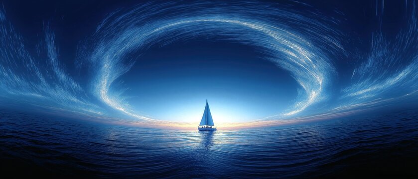 A sailboat in the middle of an ocean surrounded by swirling white light and blue sky with a centered composition in digital art style