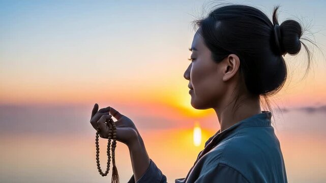 Woman meditating with mala beads during sunrise in a serene landscape video generative ai
