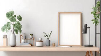 Aesthetic desk with plant and frame to display image. A visually appealing desk setup showcasing an empty frame and various decorative elements, including lush plants