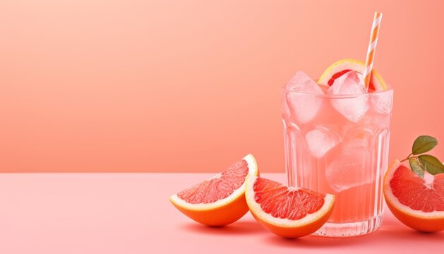 Summer cold cocktail with ice cubes, juice and slices grapefruit on pastel pink background., Summer cold cocktail with ice cubes, juice and slices grapefruit on pastel pink background