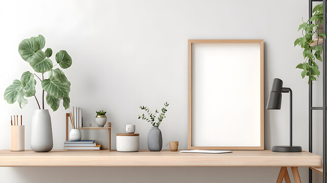 Aesthetic desk with plant and frame to display image. A visually appealing desk setup showcasing an empty frame and various decorative elements, including lush plants