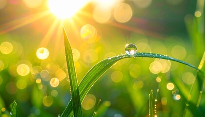 Close-up macro shot of a dew drop on a blade of grass with the sun shining brightly in the background, creating a natural bokeh effect, symbolizing freshness and new beginnings