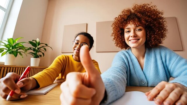 Smiling young woman gives a positive thumbs-up gesture during an online study session or remote meeting, highlighting successful collaboration and engagement with a colleague