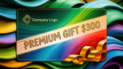 Premium gift card on colorful ribbons, vibrant backdrop-