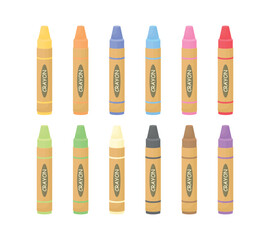 A set of wax crayons in various colors on a white background. Children's art. 12 wax crayons for drawing.