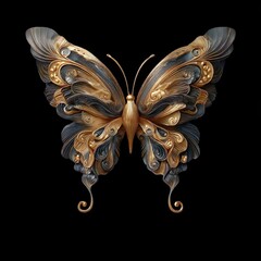 Image Description: "Gold Butterfly" The image showcases an elegant, stylized butterfly rendered in shiny metallic gold tones against a solid black background.