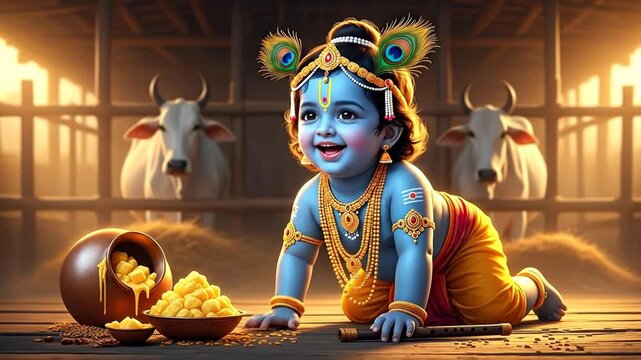 Charming illustration of the playful baby Krishna, the divine Hindu god, crawling in a cowshed with a pot of delicious butter