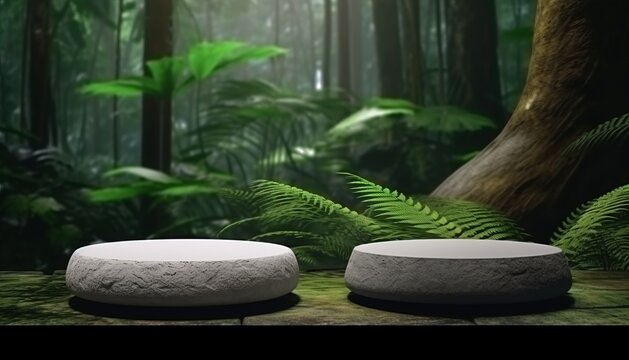 Two round stones podium in a tropical forest. Mockup for product presentation. Nature vibe with a minimalist and ascetic design