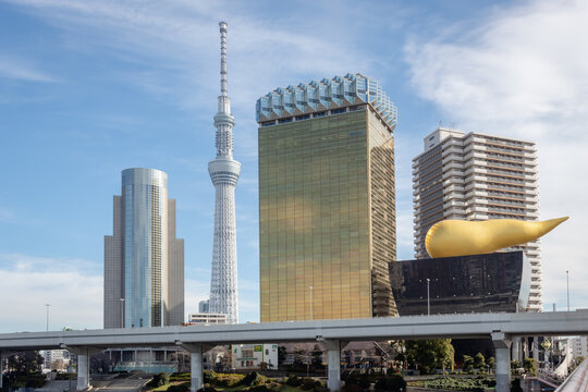Tokyo Skytree among the Asakusa skyline buildings during a partly cloudy day