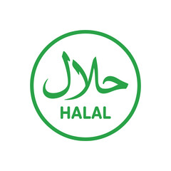 Halal sign that is isolated on white background with arabic script at vector design under green circle line around it at clean composition