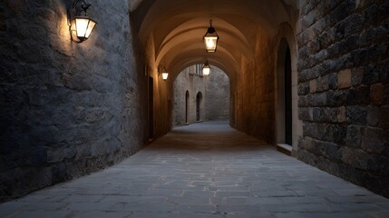 Fototapeta premium Dimly lit historic stone alleyway with arched ceiling and glowing lanterns