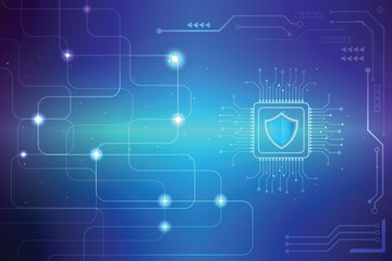 Fototapeta premium Digital technology concept, cyber security, data protection, internet network connection, prominent shield in HUD center.