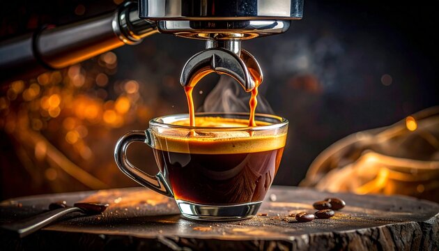 A perfect espresso shot being brewed, pouring a rich, aromatic stream into a glass cup against a warm, sparkling bokeh background