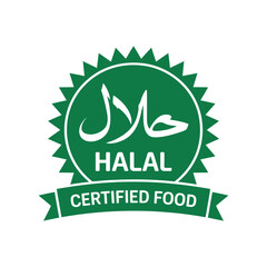 Halal food sticker label design for muslims certified product certification islamic safe meal dietary requirements vector isolated badge emblem